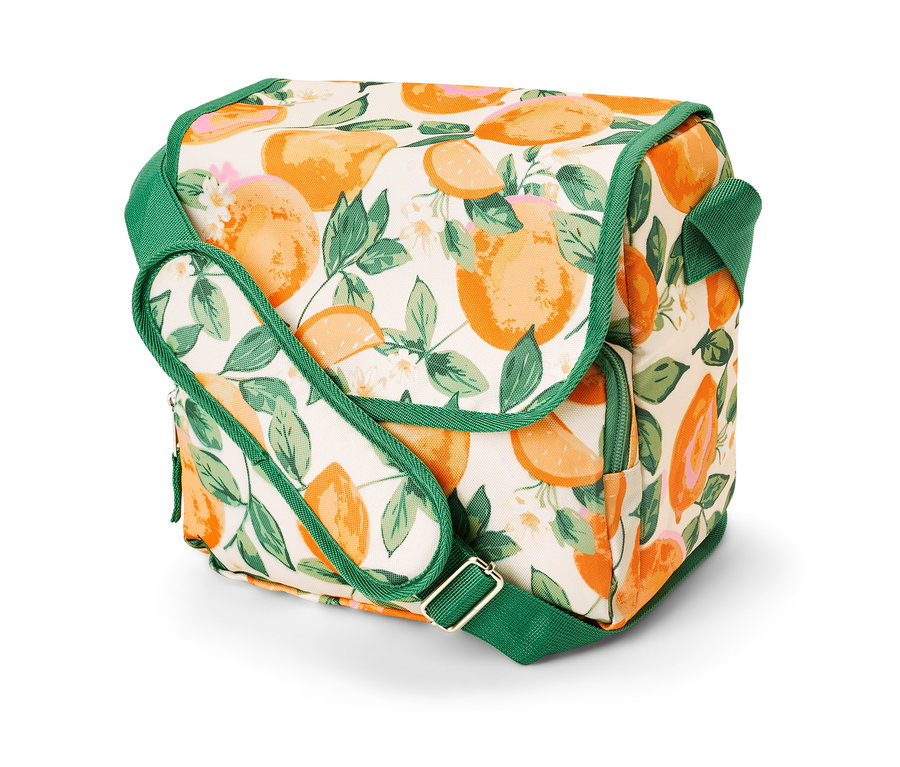 Mini-Kühltasche mit Zitrusmuster und grünen Akzenten.