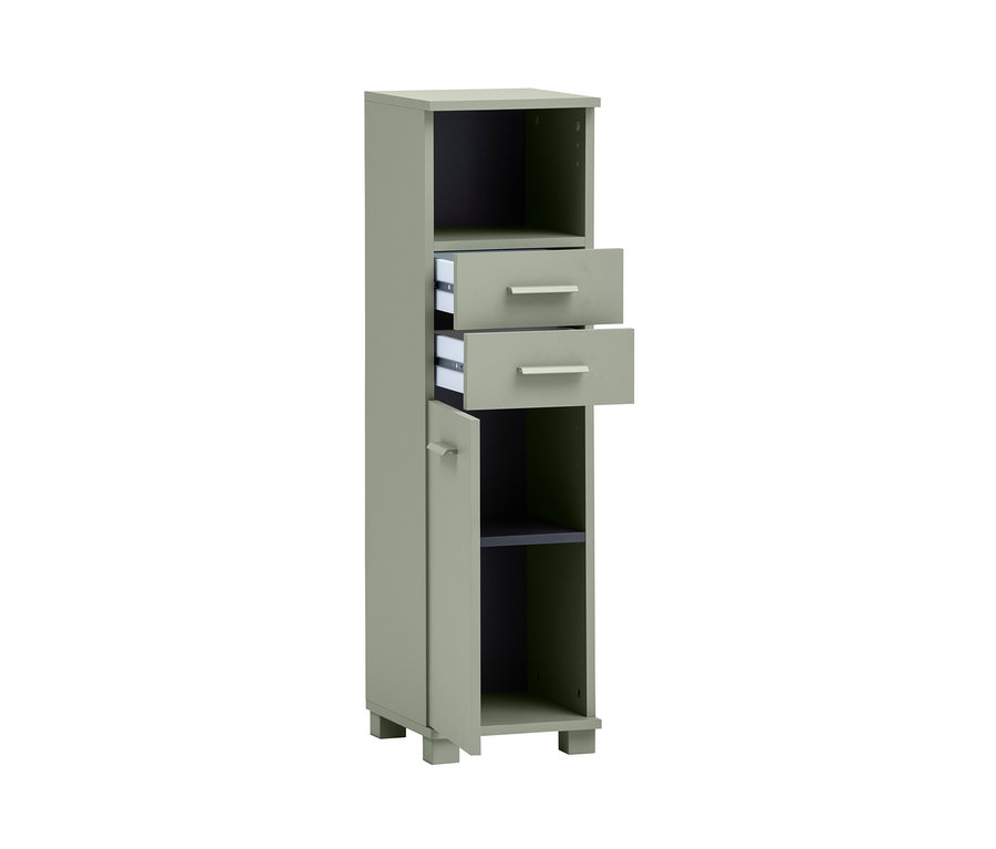 Ein schmaler, pistaziengrüner Highboard »Mono« Schrank mit offenem oberen Fach, zwei ausgezogenen Schubladen und einer offenen Tür.