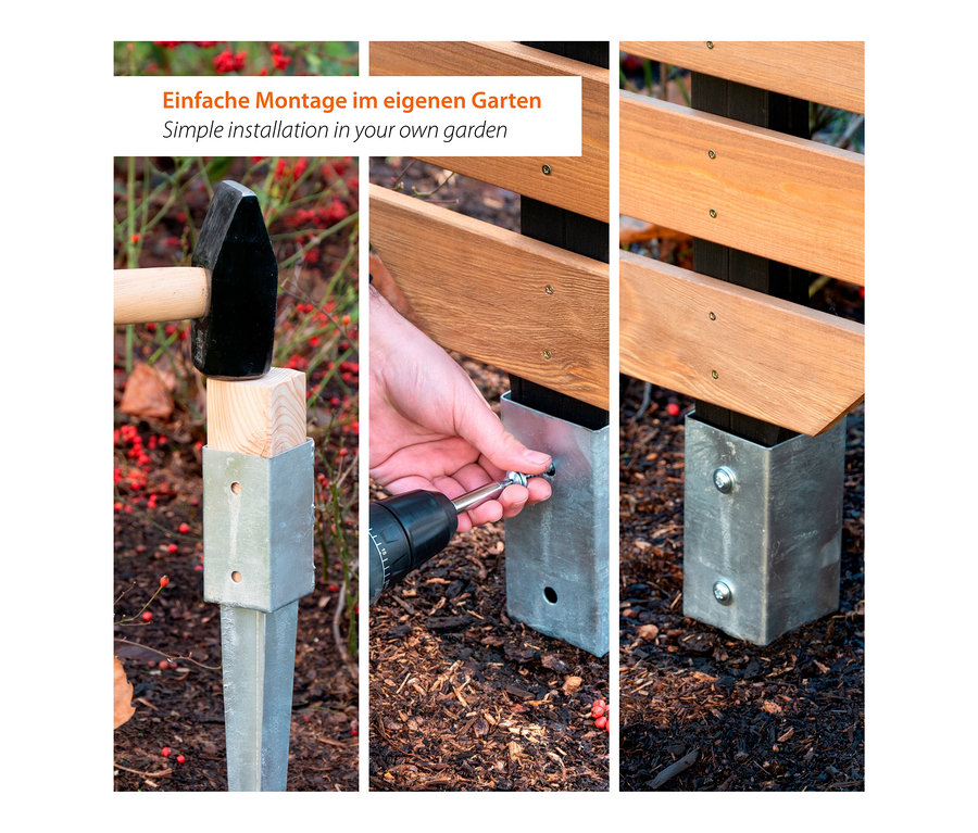 Montage-Collage des Design-Rankgerüsts »Abstractus«: Einschlagen eines Pfostens, Anschrauben eines Brettes und ein fertiger Pfosten.