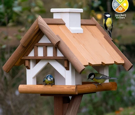 Blaumeise sitzt auf Vogelhaus „Goldener Oktober“ inkl. Ständer.