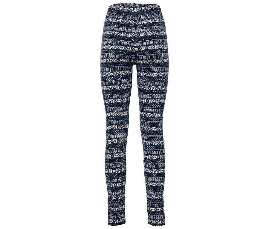 Blaue Leggings mit Schneeflockenmuster.
