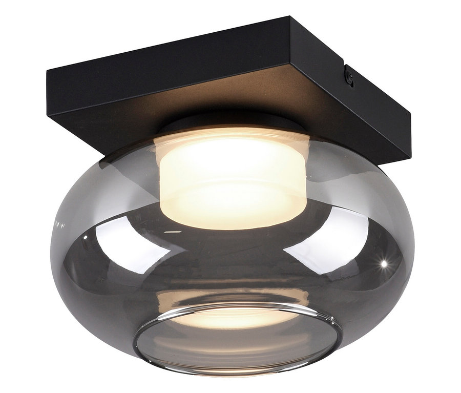 Schwarze Deckenleuchte mit rundem, grauem Glasschirm und weißem Licht.