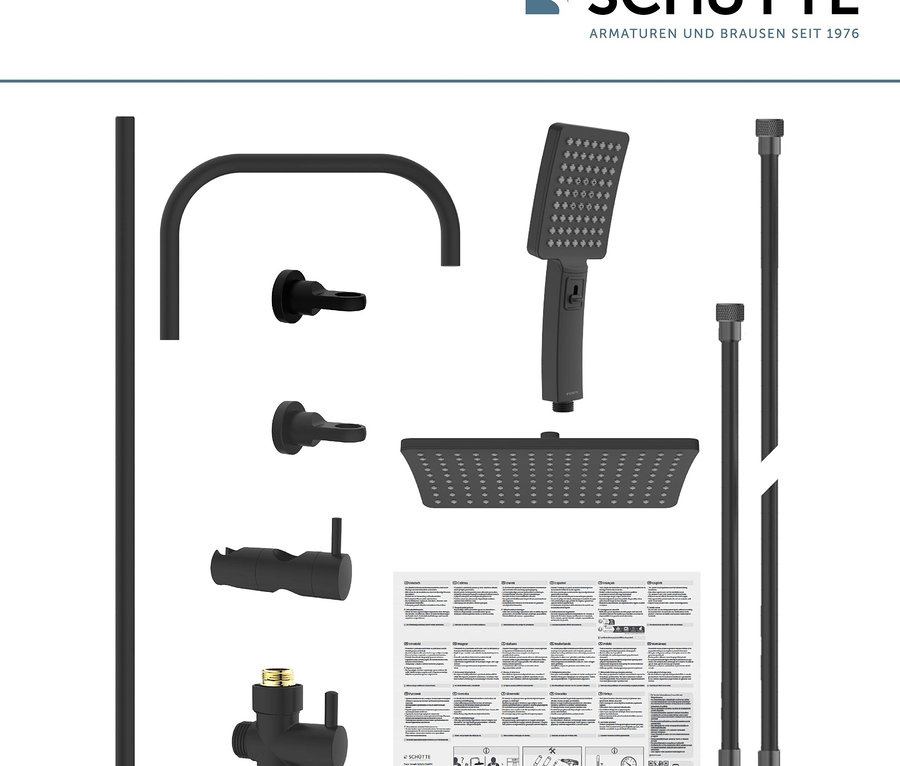Schwarzes Überkopfbrause-Set »Mallorca« mit Kopfbrause, Handbrause, Brausestange und Montagematerial.