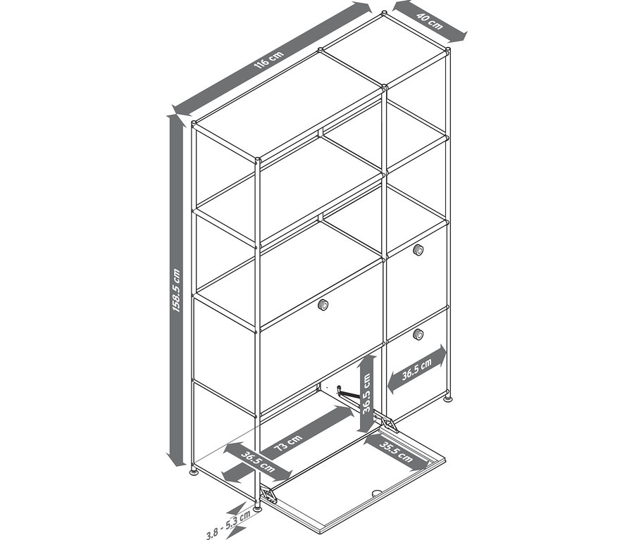 Illustration eines Schranks mit Regalen und Schubladen, mit Bemaßungen.
