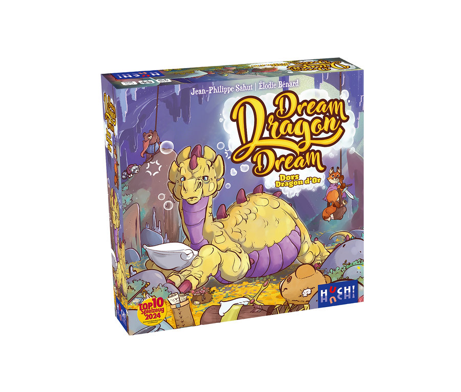 Verpackung des Spiels "Dream Dragon Dream" mit der Illustration eines gelben Drachen mit lila Stacheln.