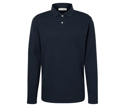 Ein dunkelblaues langärmeliges Poloshirt mit zwei weißen Knöpfen.