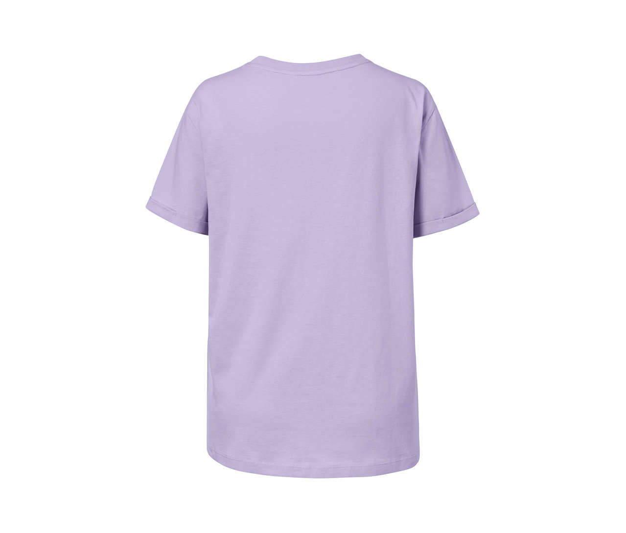 Ein fliederfarbenes T-Shirt aus Bio-Baumwolle mit kurzen Ärmeln und Herz-Stickerei auf der Rückseite.