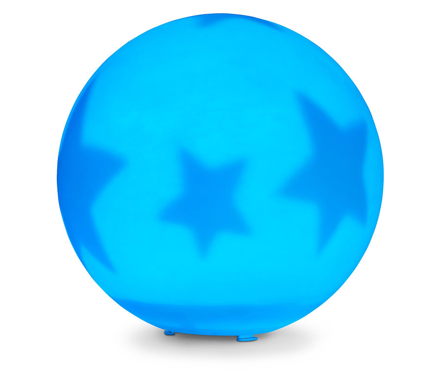 Blaues, kugelförmiges Nachtlicht mit Sternen auf weißem Hintergrund.