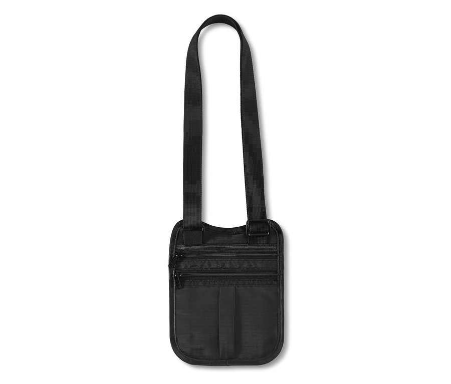 Schwarze Sicherheitstasche mit Schultergurt und verstellbarem Riemen.