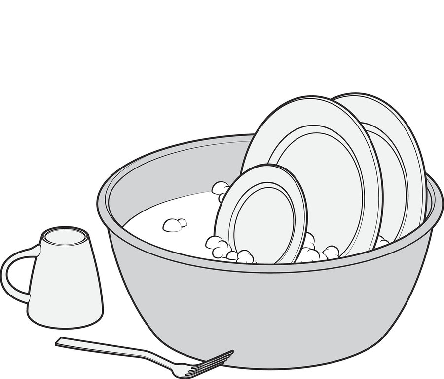 Emaille-Allround-Schüssel mit Geschirr, Tasse und Besteck im Spülwasser.