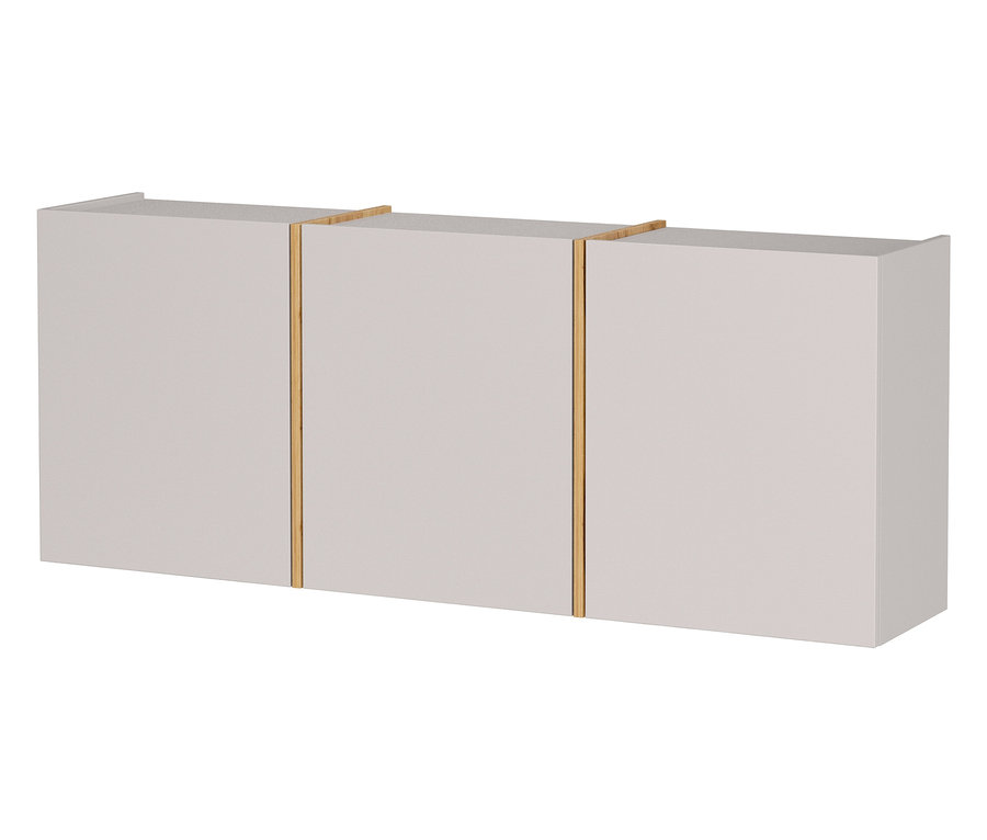 Drei weiße Hängekästen mit dünnen goldenen Griffen senkrecht zwischen den Türen.