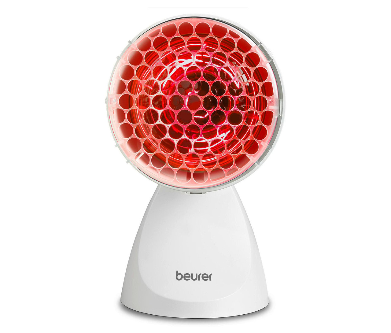 Beurer Infrarotlampe mit rotem Licht auf weißem Sockel.