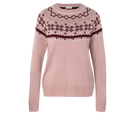 Ein rosa Pullover mit Weihnachtsmuster.