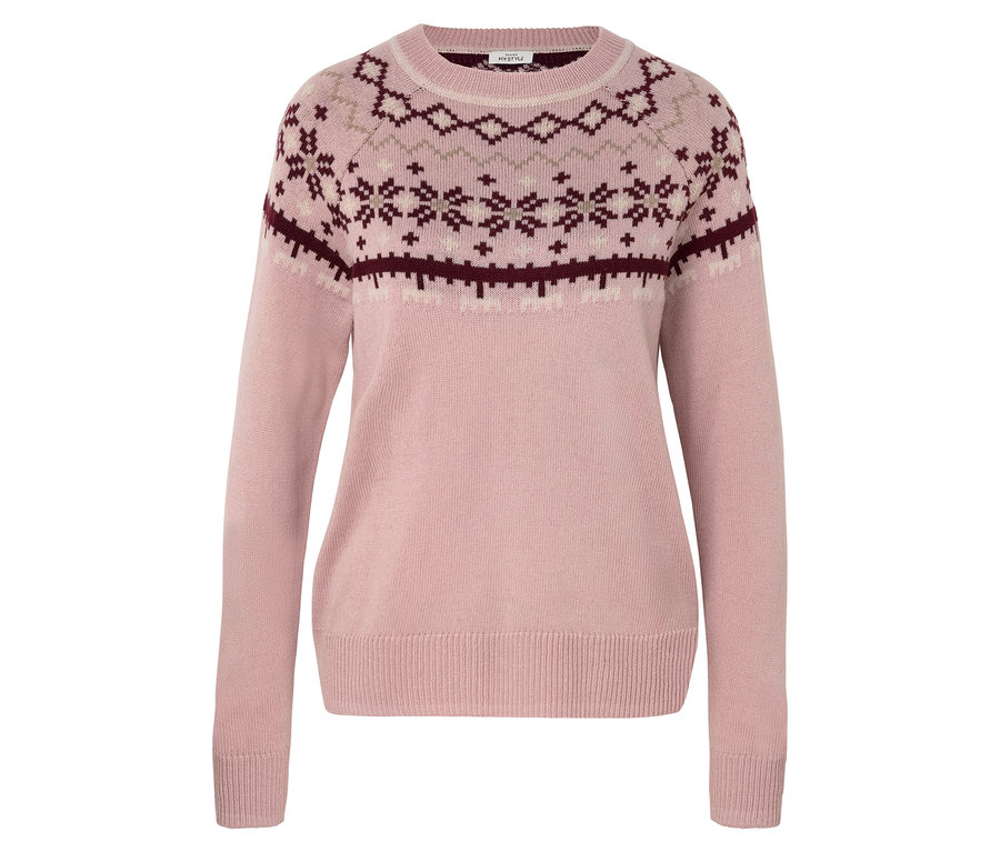 Ein rosa Pullover mit Weihnachtsmuster.