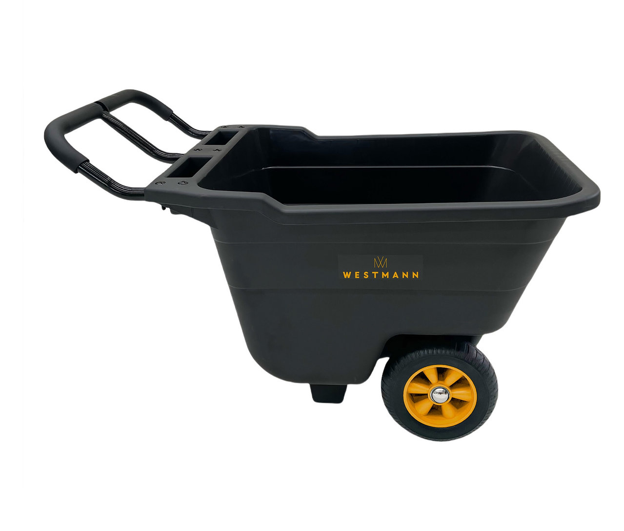Ein schwarzer Westmann-Gartenwagen mit gelbem Rad vor weißem Hintergrund.