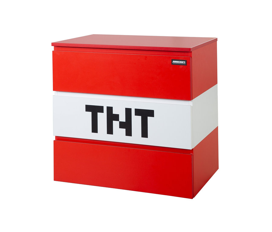 Nahaufnahme der roba Minecraft Kommode, die rot und weiß ist und drei Schubladen hat.