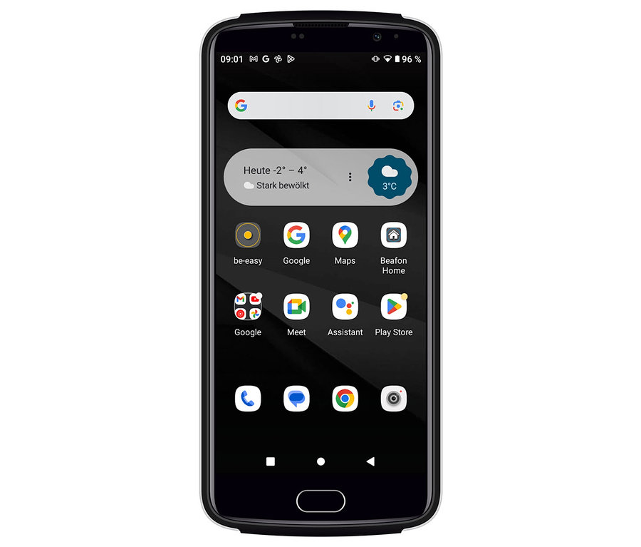 Schwarzes Smartphone mit App-Symbolen auf dem Display. Zu sehen ist ein Bea-fon M7 lite in Schwarz.