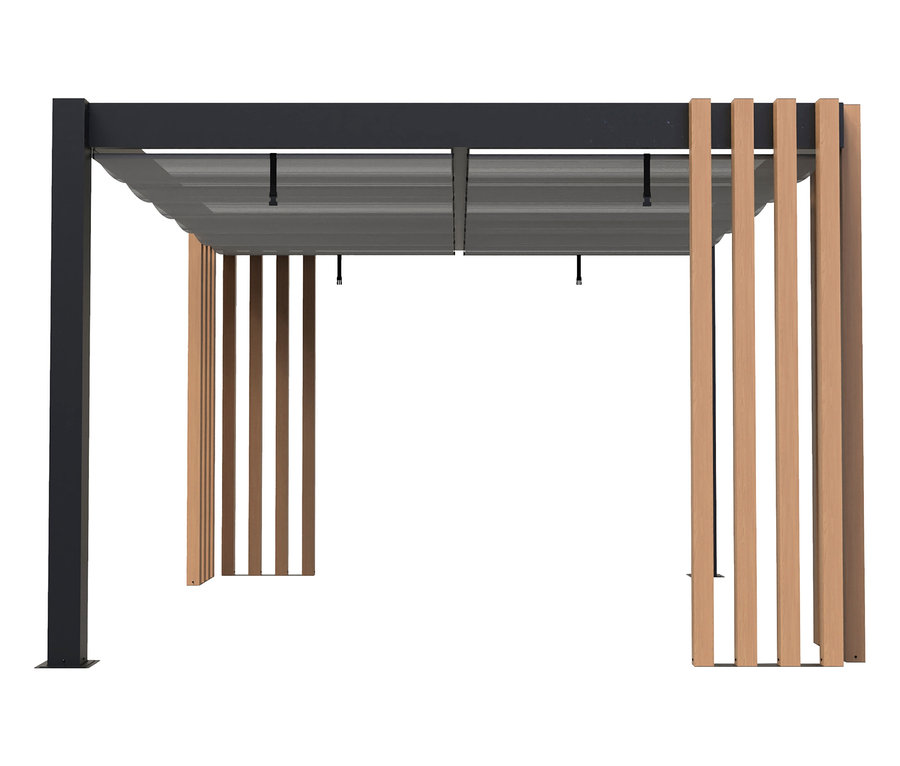 Sojag Pavillon mit Stoffdach mit schwarzem Rahmen und Holzpaneelen.