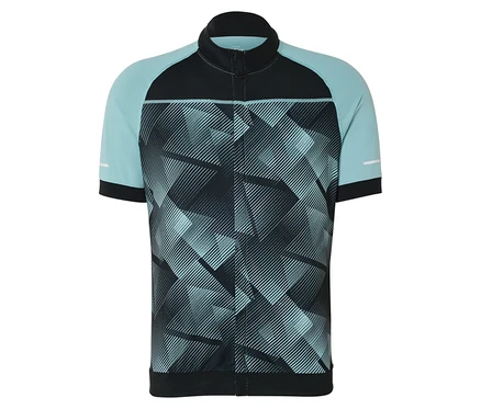 Radtrikot mit geometrischem Muster in Schwarz und Türkis.