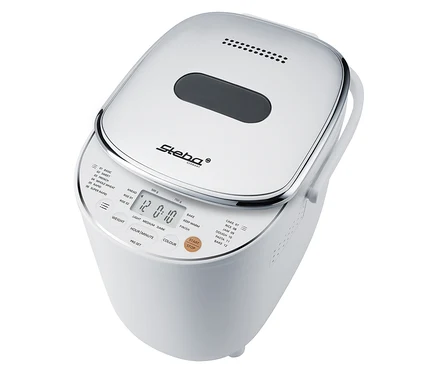 Weißer Brotbackautomat von Steba mit digitaler Anzeige.