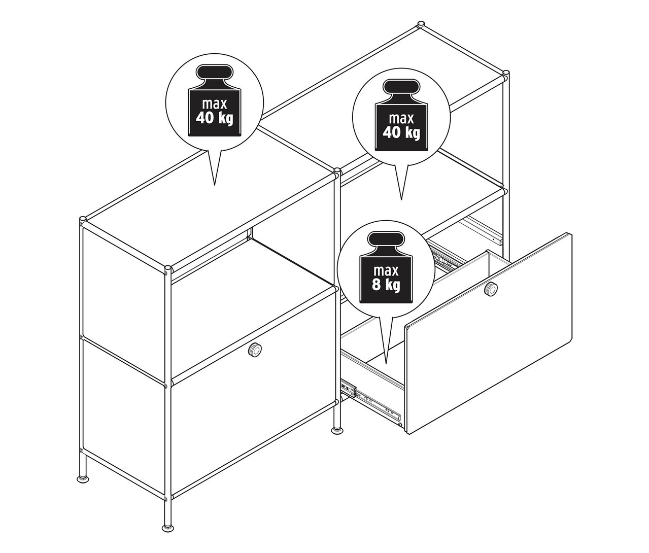 Drei Sideboards Metall »CN3 Kids« mit je 2 Schubladen, eines pistazienfarben, eines hellgrau, eines geschlossen.