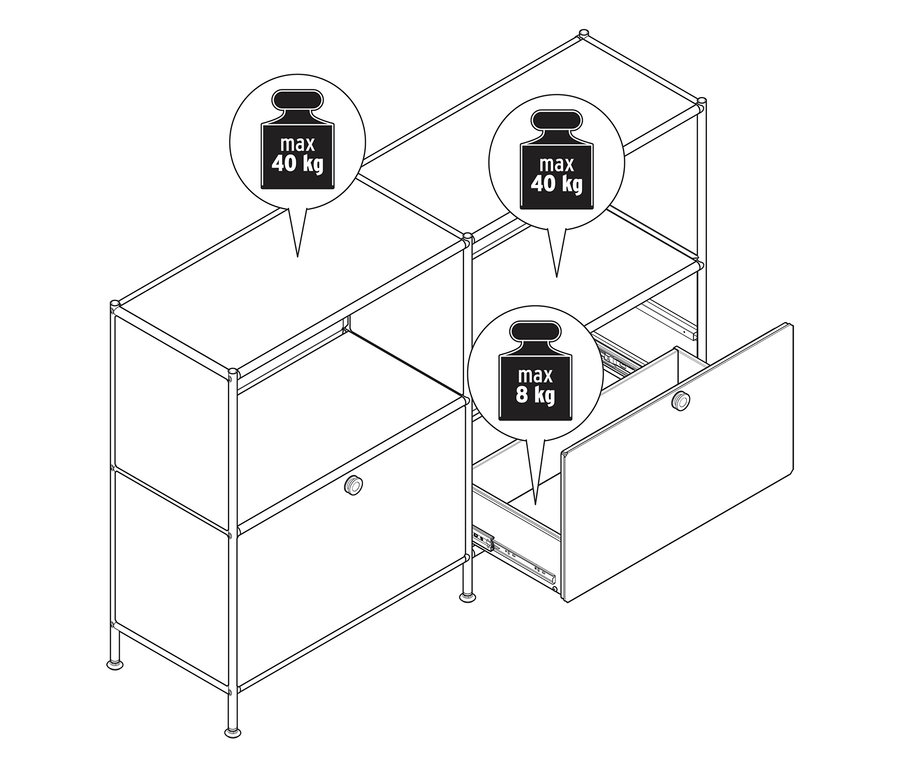 Drei Sideboards Metall »CN3 Kids« mit je 2 Schubladen, eines pistazienfarben, eines hellgrau, eines geschlossen.