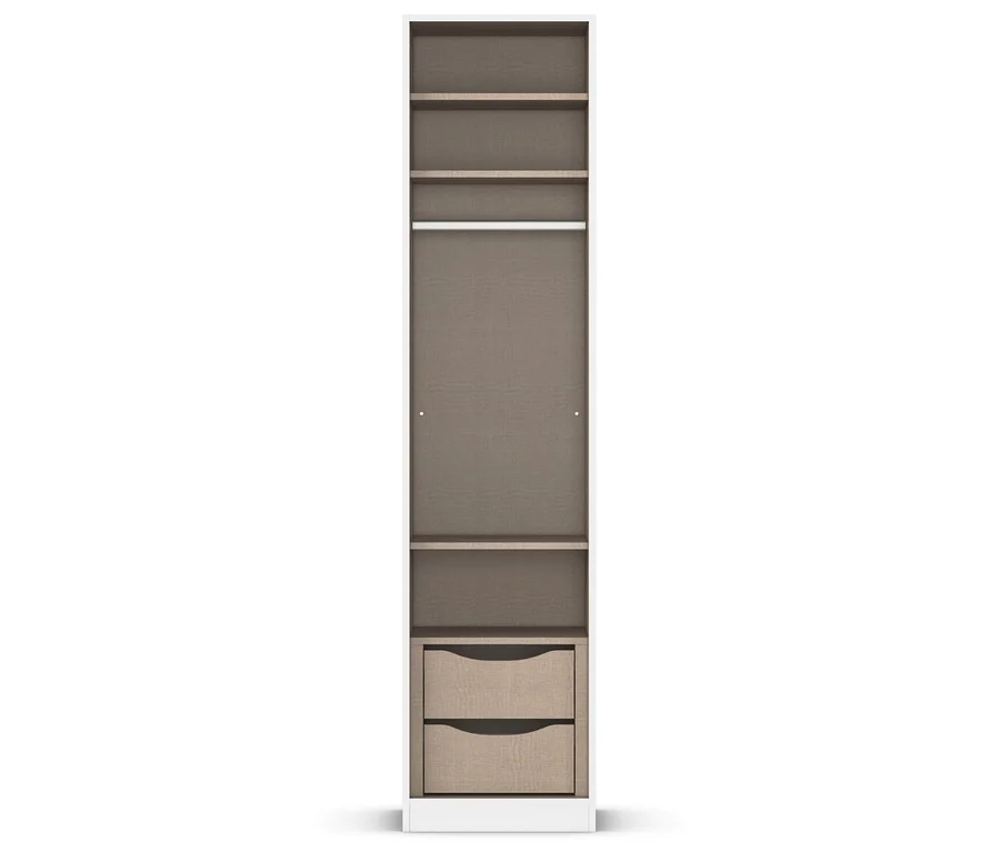 Schmaler, hoher Schrank mit zwei Schubladen unten, einer Kleiderstange in der Mitte und Regalen oben.
