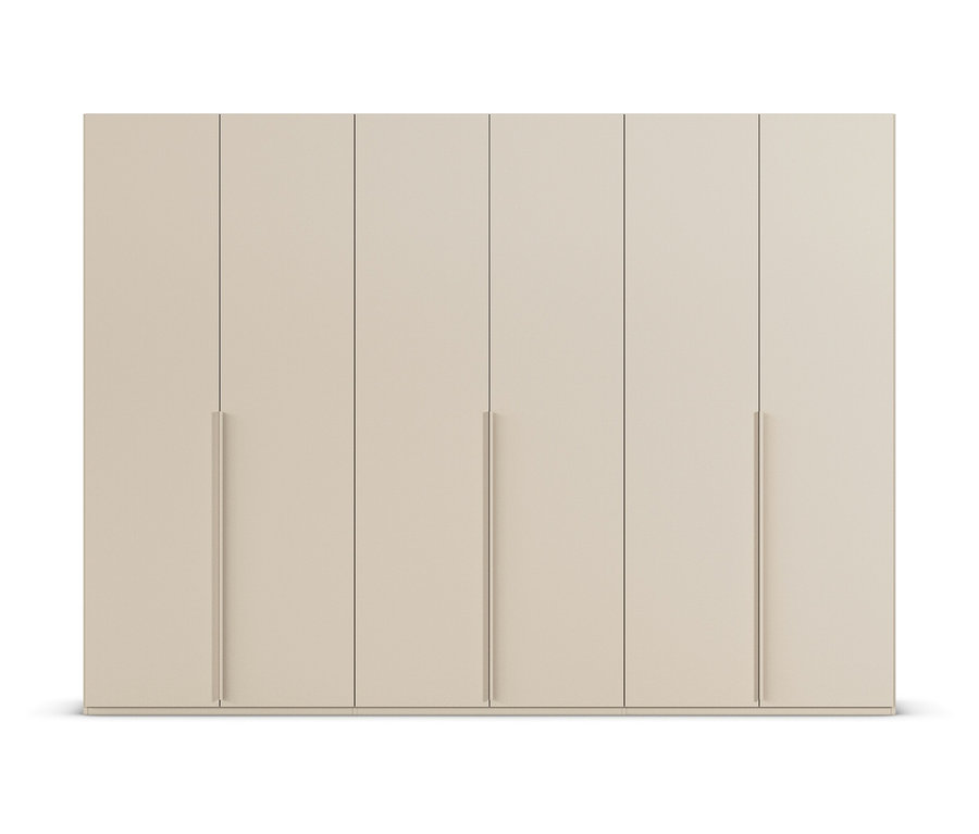 Sechs beige Schranktüren mit langen, schmalen Griffen sind nebeneinander angeordnet.