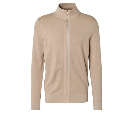 Beige Strickjacke mit durchgehendem Reißverschluss und Stehkragen.