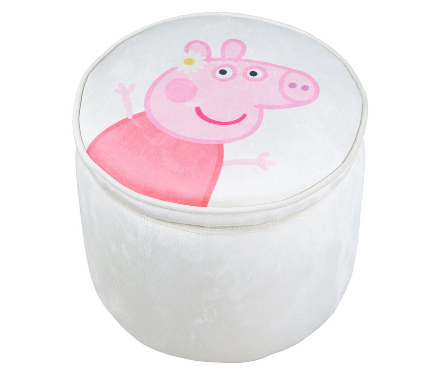 Ein runder, weißer Hocker mit einer Abbildung von Peppa Pig.