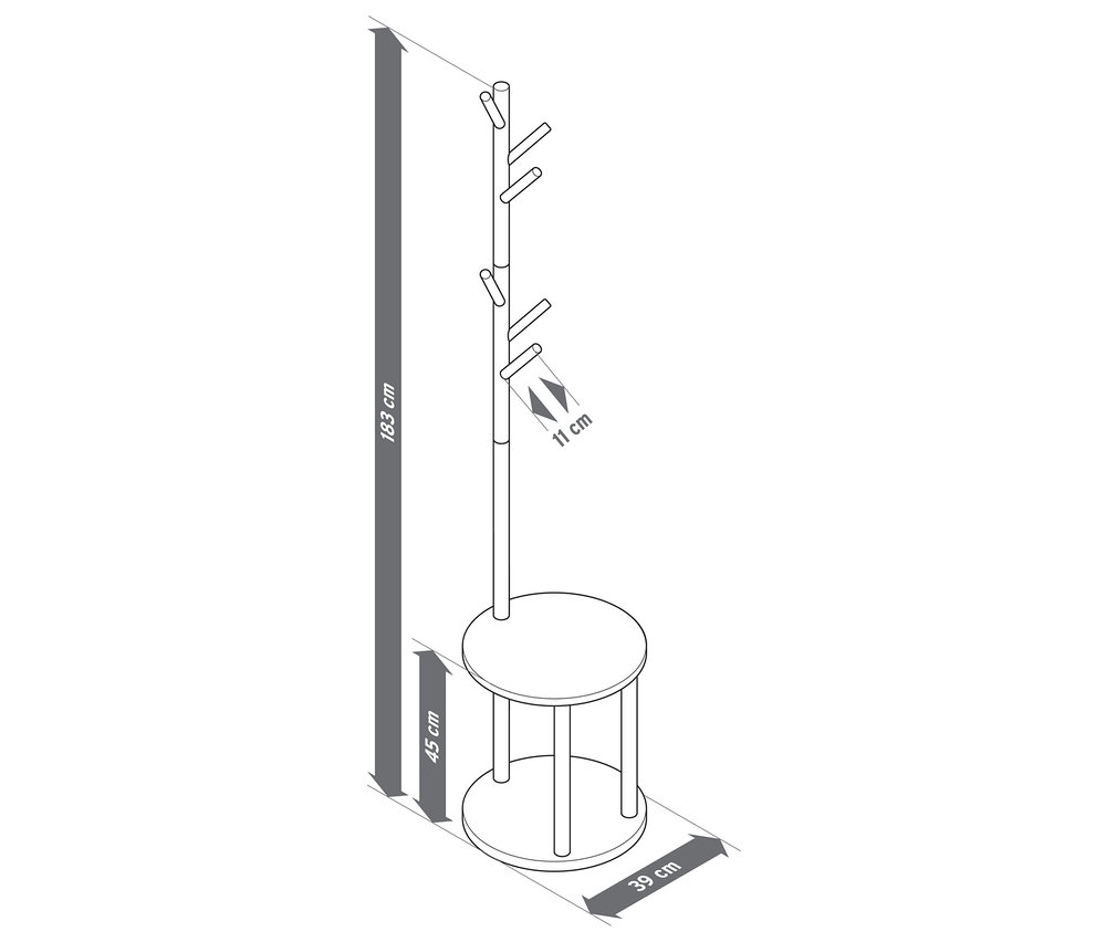 Abbildung eines Kleiderständers mit Ablagefläche und Maßangaben.