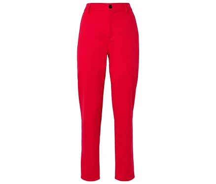 Rote, hoch taillierte Stoffhose mit Knopfverschluss.