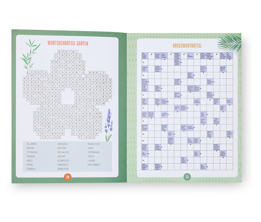 Doppelseite eines Buches mit Gartenthema: Wortsuchrätsel und Kreuzworträtsel.