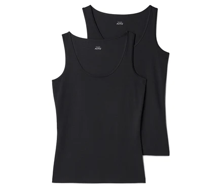 Zwei schwarze, ärmellose Tanktops liegen übereinander, wobei das obere Tanktop teilweise vom unteren verdeckt wird.