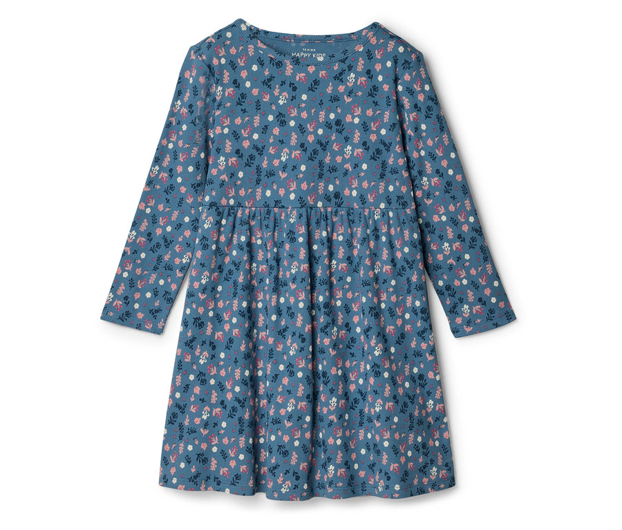 Blaues Kinder-Jersey-Rippkleid mit langen Ärmeln und einem pinken, weißen und dunkelblauen Blumenmuster, mit geraffter Taille.