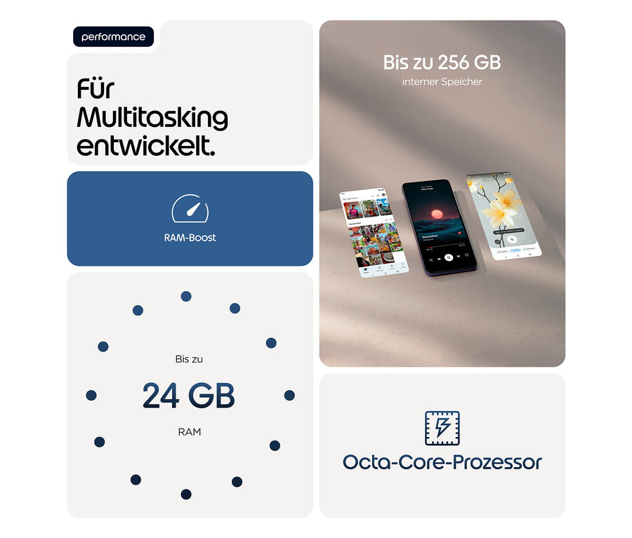 Drei Telefone des Motorola moto g17 LTE 128GB Evening blue liegen auf einer Oberfläche und zeigen verschiedene Apps.
