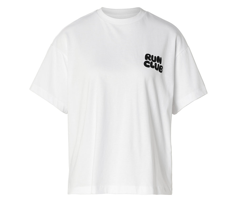 Weißes Sportshirt mit kurzem Arm und schwarzem "RUN CLUB"-Aufdruck auf der Brust.