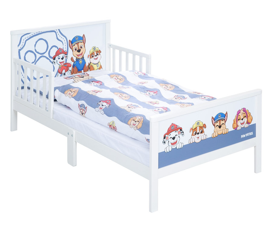 Weißes Kinderbett mit Paw Patrol-Motiv.