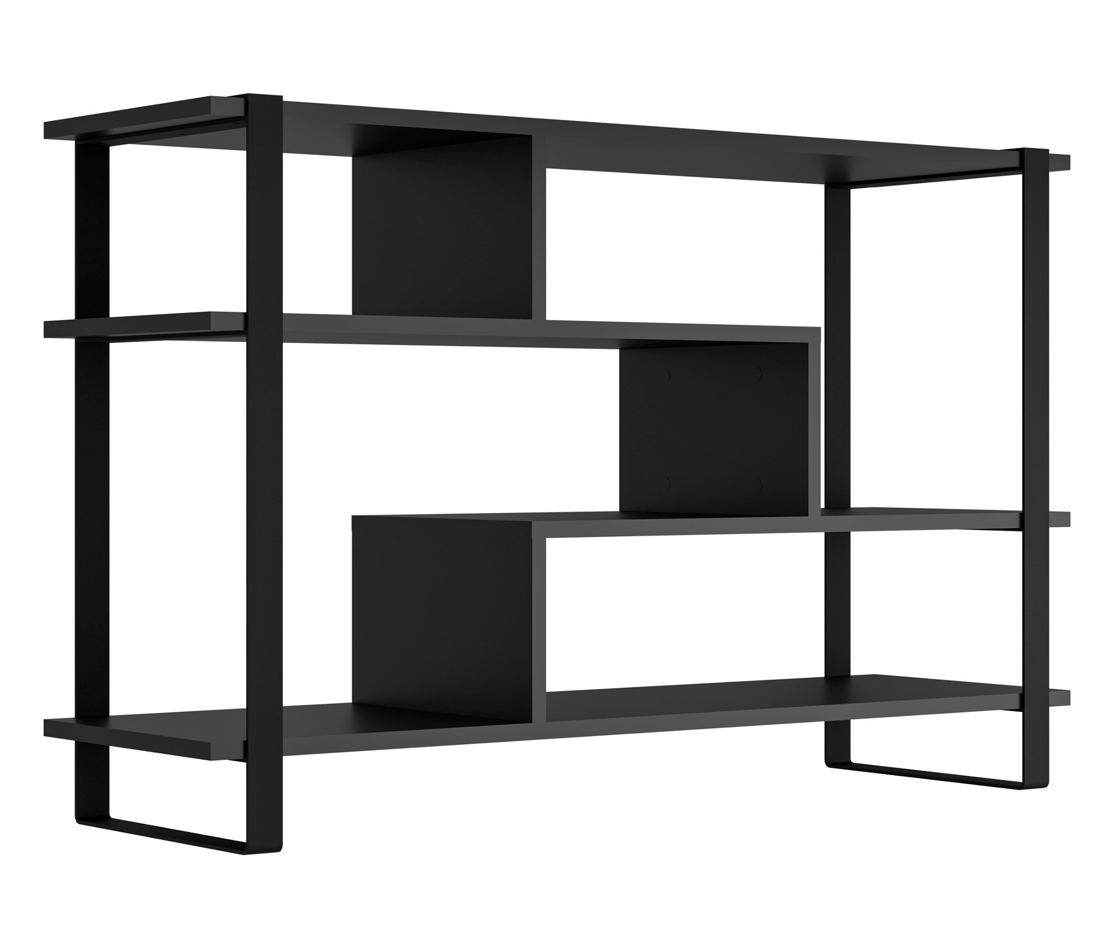 Schwarzes Bücherregal mit drei Regalen und asymmetrischem Design.