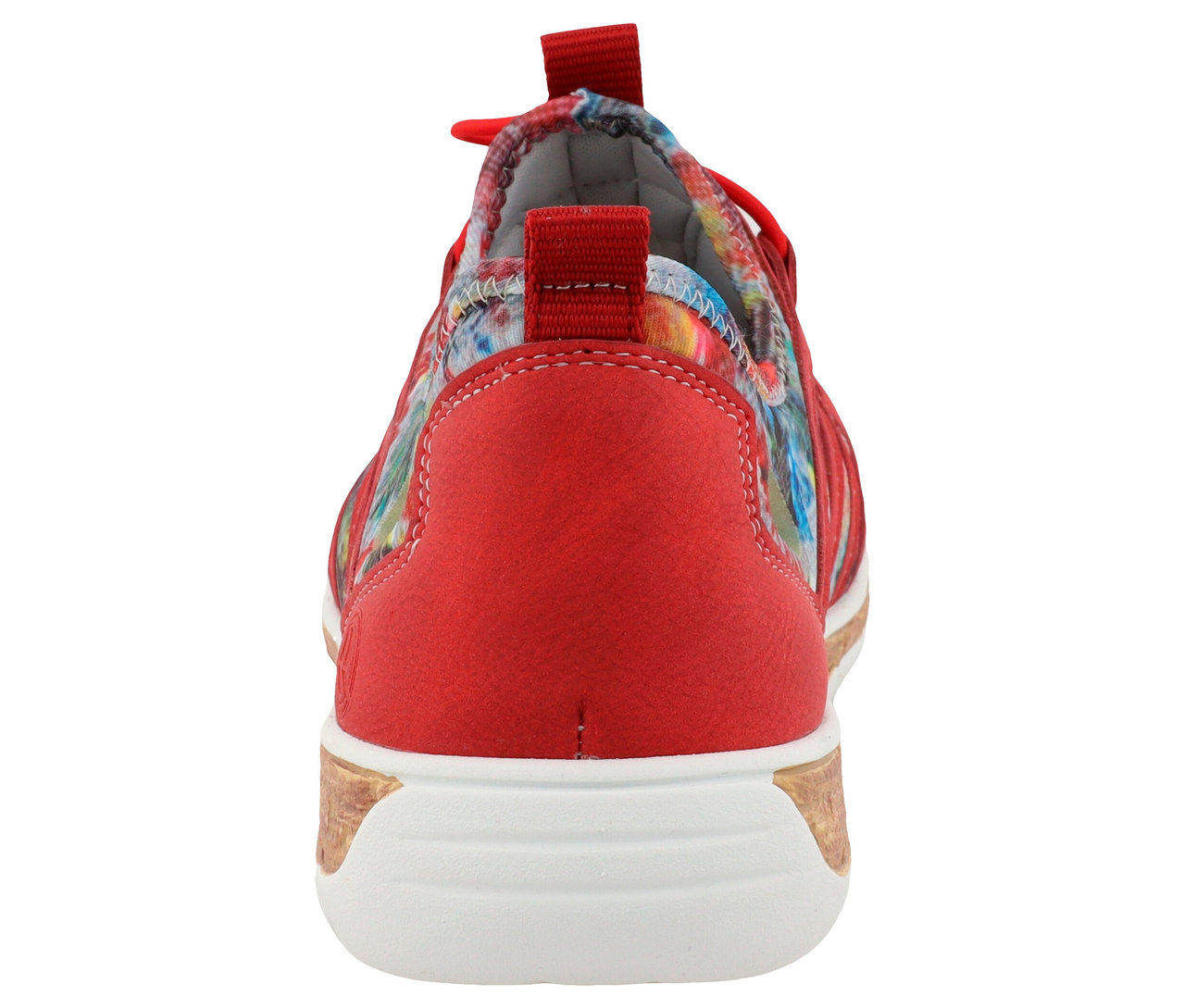 Rückansicht eines roten Damen-Freizeitschuhs mit Blumenmuster und weißer Sohle.