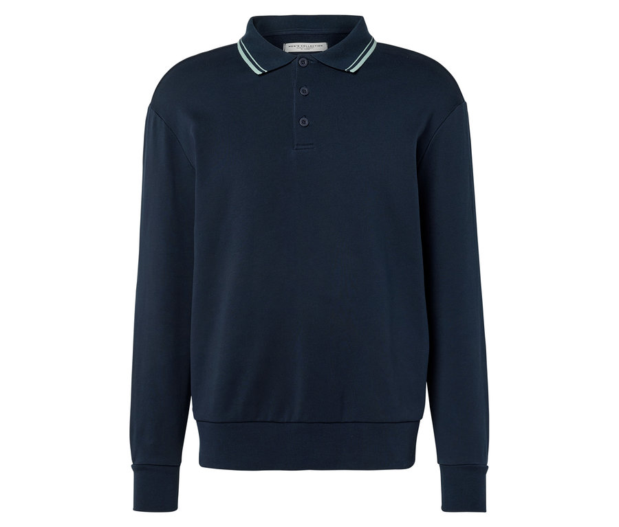 Marineblaues Langarm-Poloshirt mit drei Knöpfen und hellgrünem Kragen.