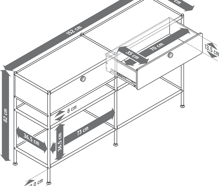 Zeichnung einer Metallkonsole »CN3« mit 2 Schubladen zeigt die Abmessungen.