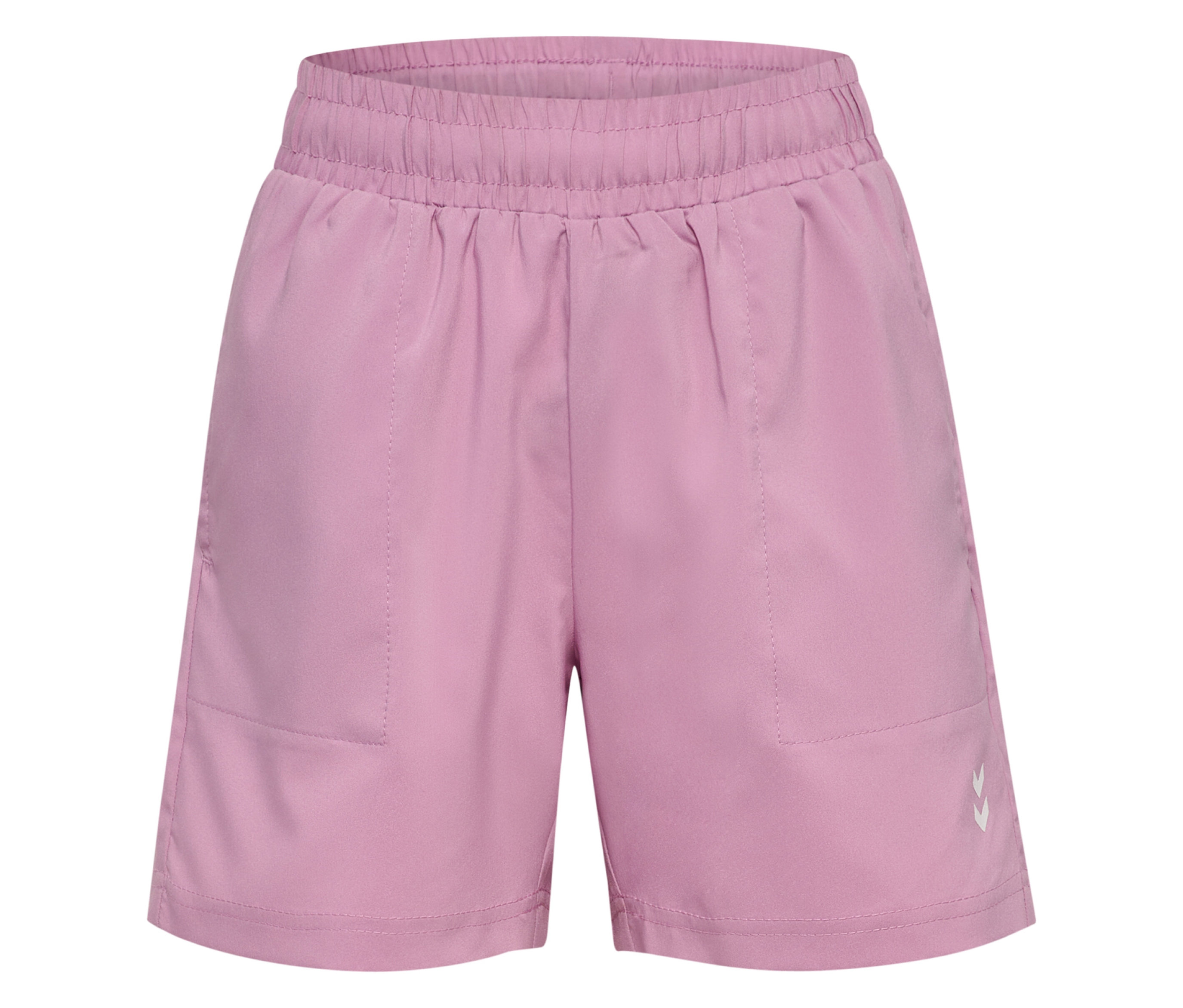 Nahaufnahme der HUMMEL HMLJR Pulse Workout Shorts in Lavendel mit Gummibund und kleinem, weißen Logo.