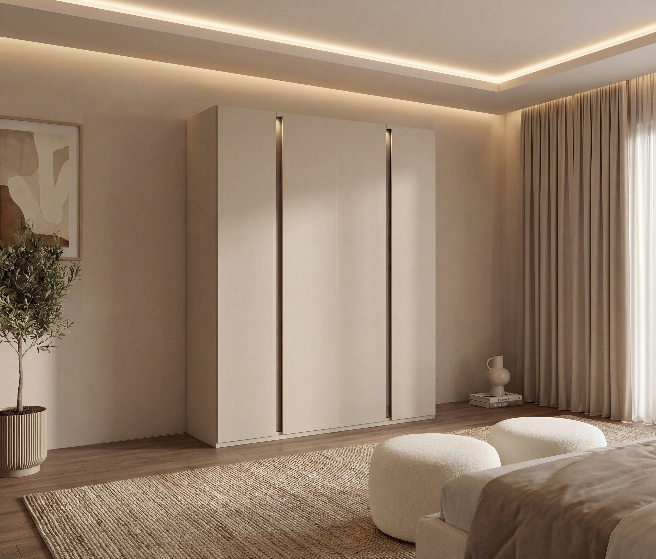 Ein Schlafzimmer mit einem 4-türigen rauch Kleiderschrank »Luana« mit Beleuchtung und Basisausstattung.