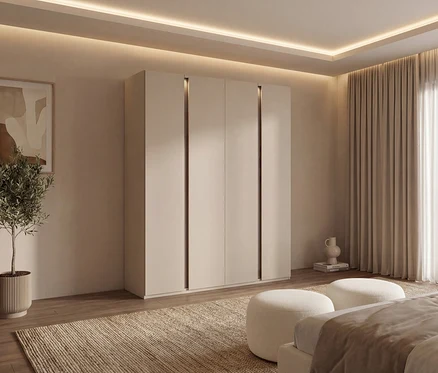 Ein Schlafzimmer mit einem 4-türigen rauch Kleiderschrank »Luana« mit Beleuchtung und Basisausstattung.