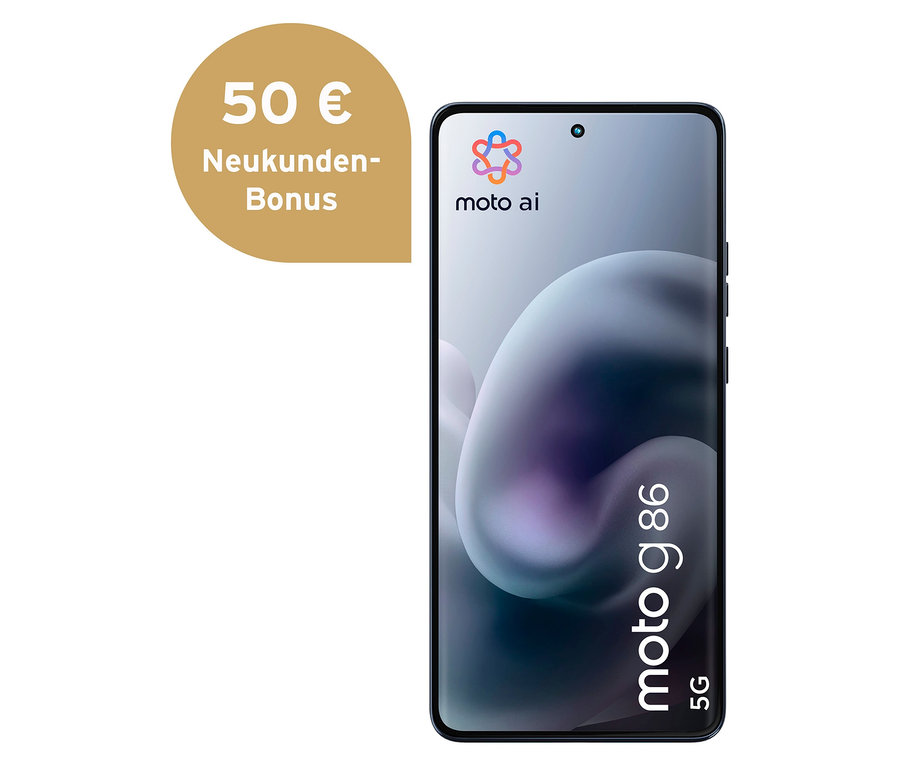Das Motorola moto g86 5G 256 GB Spellbound Smartphone ist mittig vor einem weißen Hintergrund zu sehen.