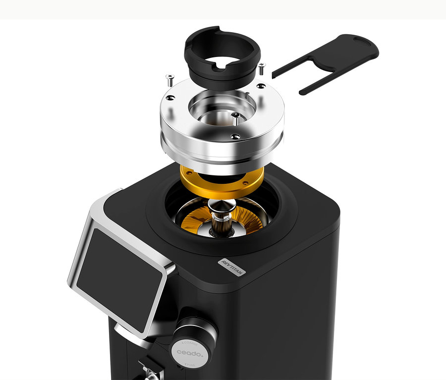 Explosionsansicht einer Ceado Rev Titan Kaffeemühle, die die internen Komponenten zeigt.
