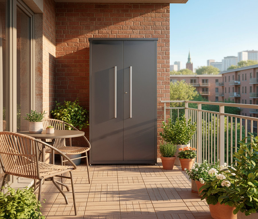 Auf einem Balkon stehen ein grauer Schrank, ein Tisch und zwei Stühle aus Rattan sowie mehrere Pflanzen.