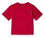 Rotes T-Shirt mit kleinem, grünem Fußballspieler-Logo auf der Brust.