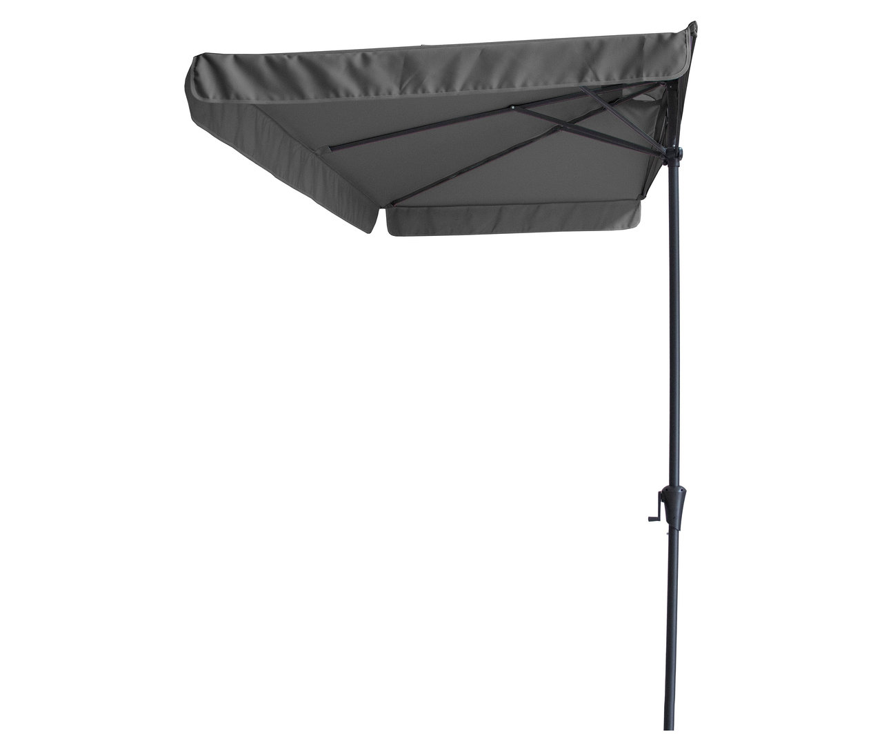 Grauer halber Terrassenschirm mit schwarzem Ständer vor weißem Hintergrund.